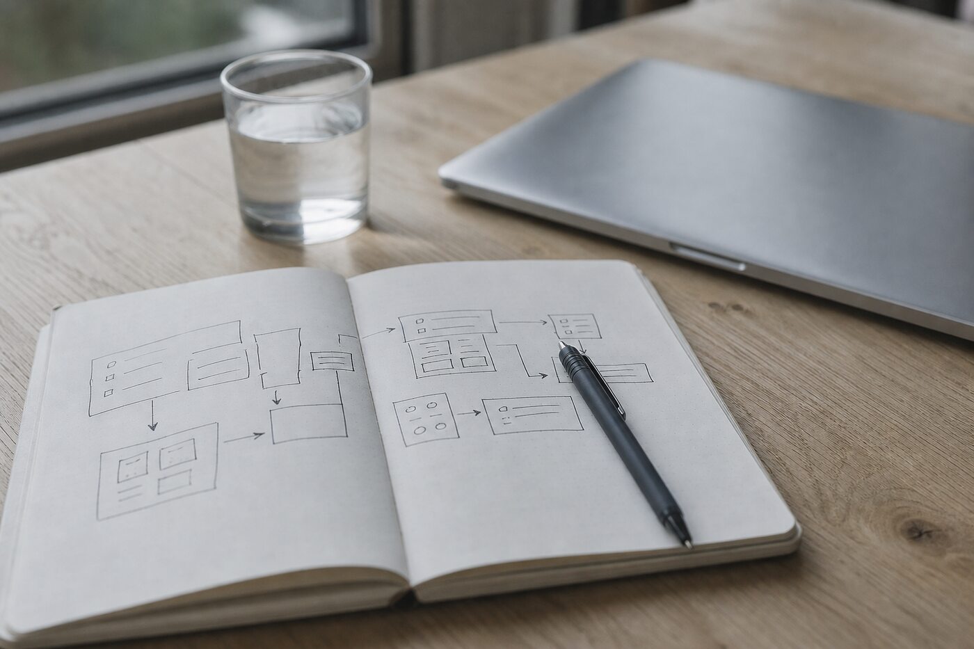 A hand-drawn workflow diagram in a notebook