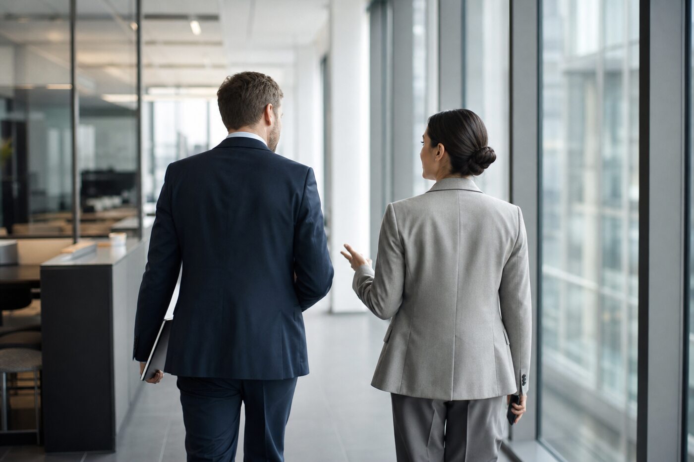 Two colleagues walking and talking along a bright office corridor