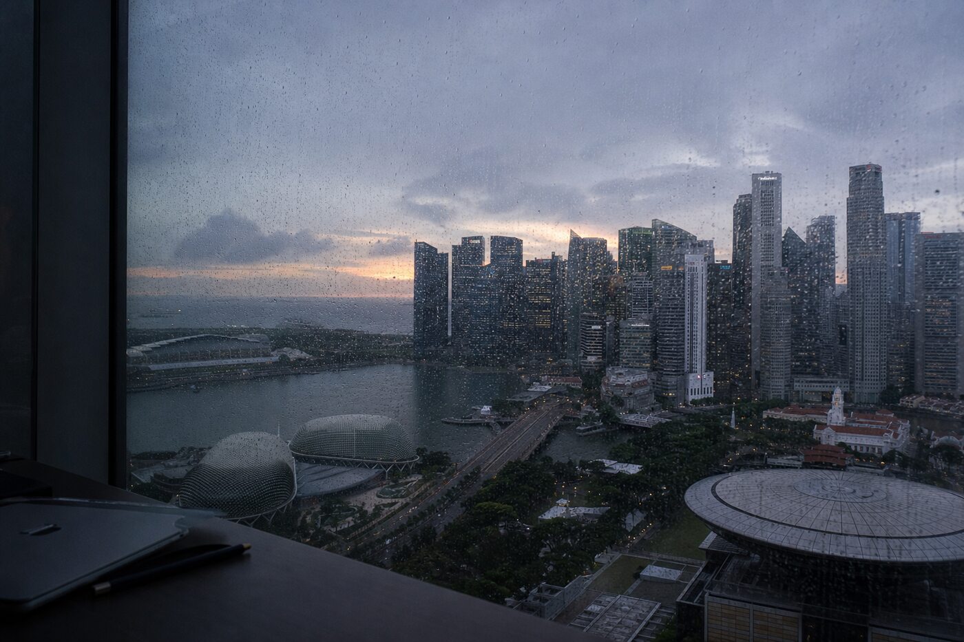 The Singapore skyline seen through an office window at dusk