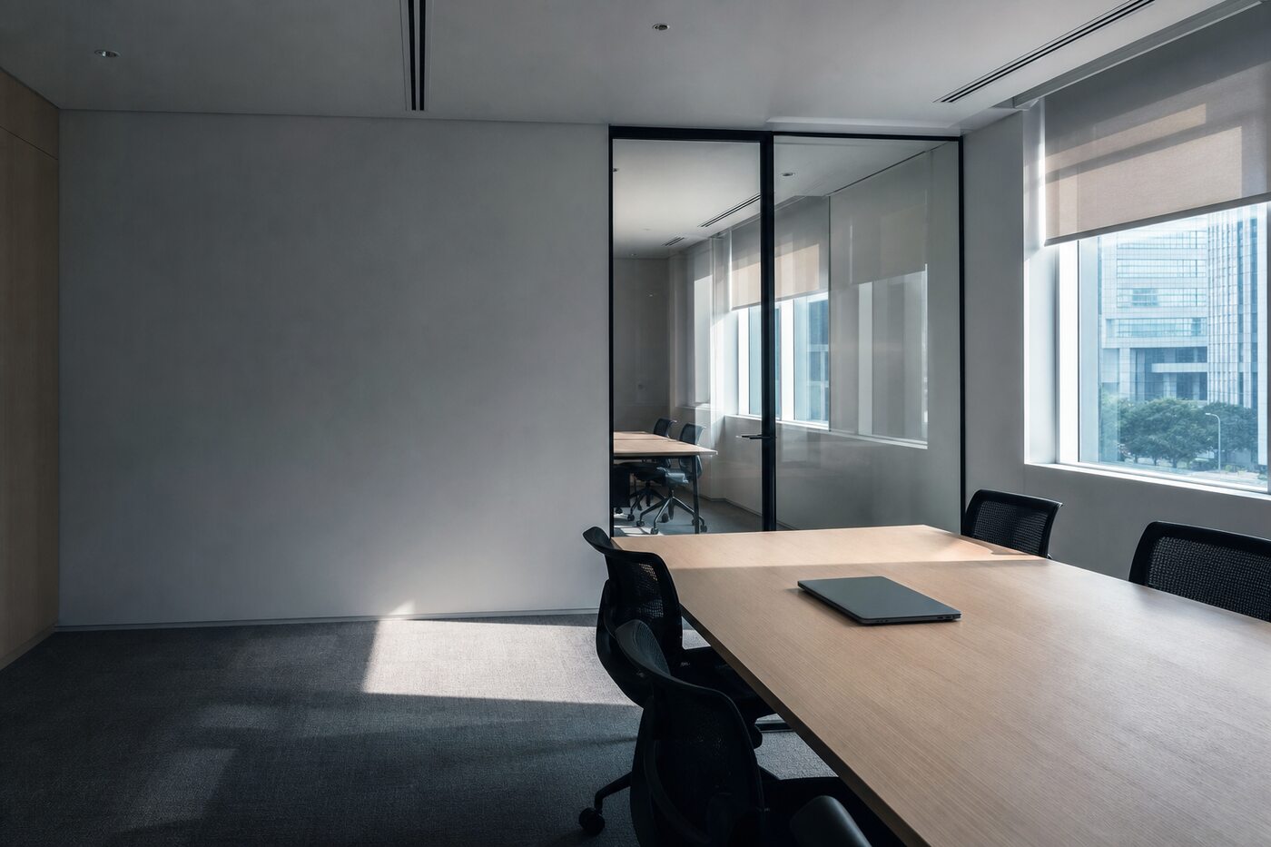 A quiet modern Singapore office in the early morning