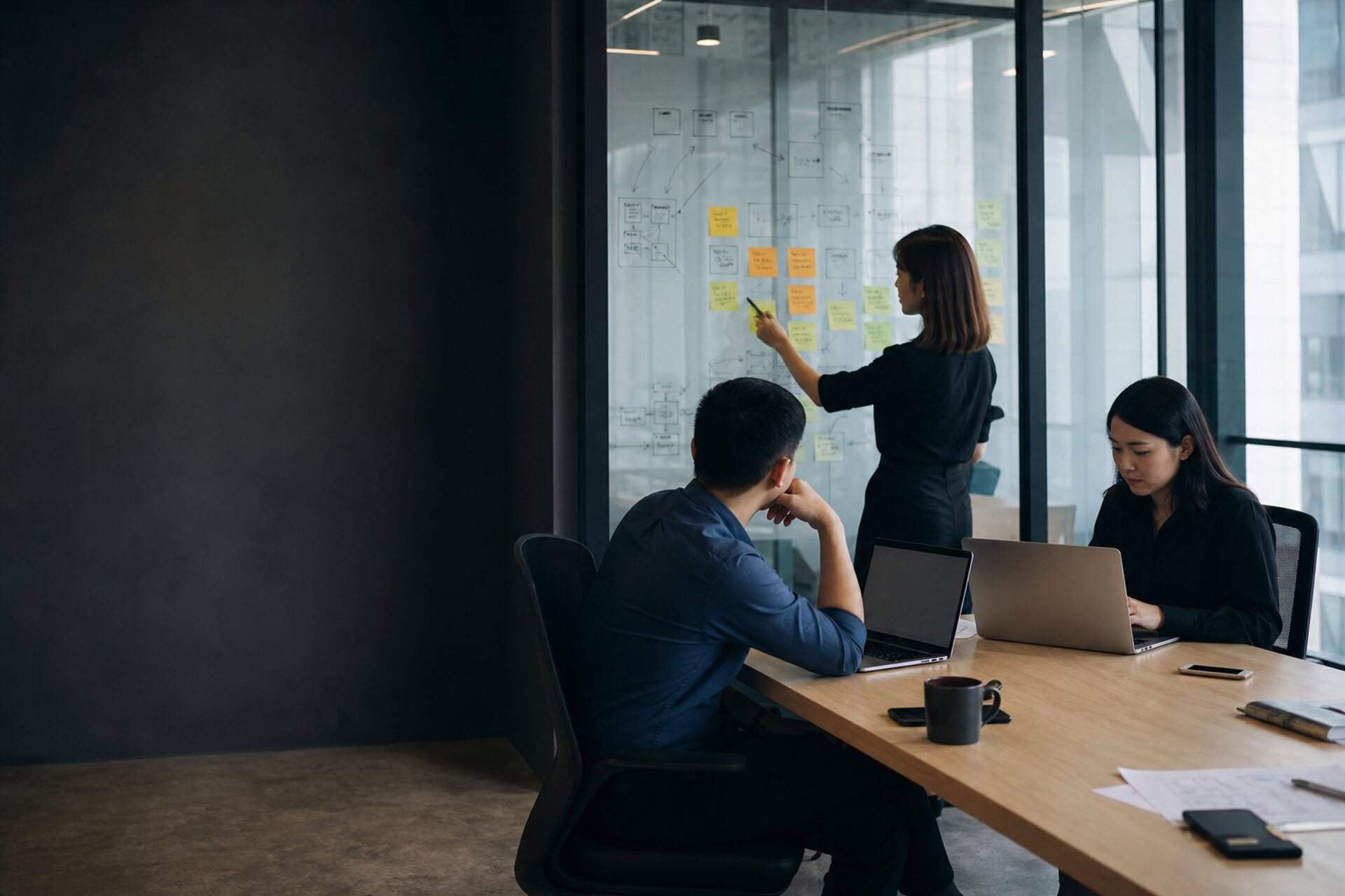 A working session in a Singapore office, mapping a business process on a glass wall