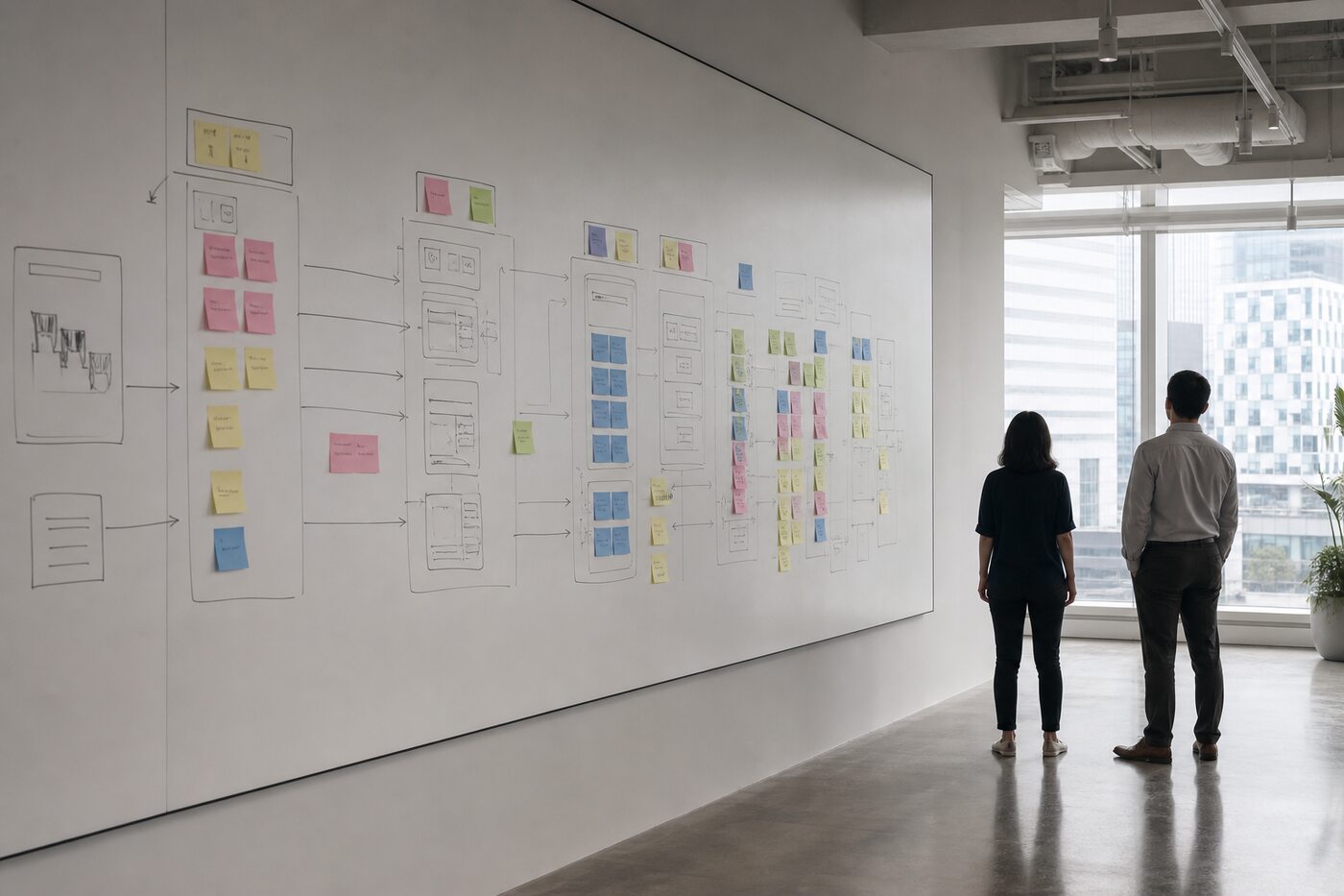 A whiteboard mapping a business process