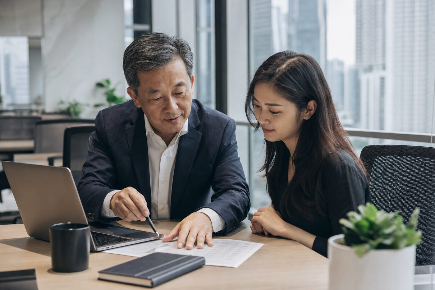 A colleague walking a new hire through a process